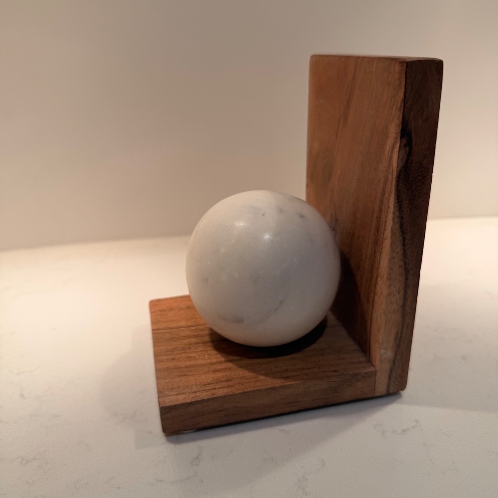 Marble & Wood Single Modern Bookend NEW Sturdy Heavy Simple Minimalist Bookish